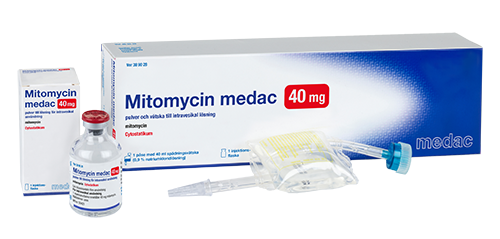 Mitomycin medac, 40 mg, pulver och vätska till intravesikal lösning, förpackningar.